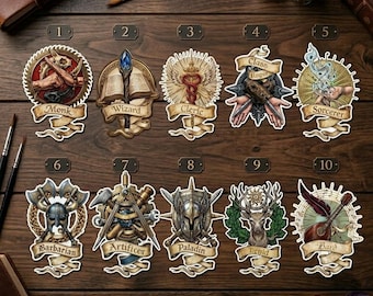 Fantasy RPG Character Class Stickers, Mystic Hero Badges, Magic Adventure Emblems, Tabletop Gamer Decals