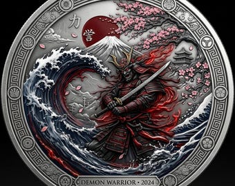Demon Warrior 2024 Coin, Samurai Katana Metal Art, Japanese Great Wave Collectible, Handcrafted Relief Token, Unique Fantasy Gift