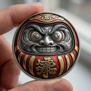 May include: A circular metal coin featuring a raised, detailed relief of a Daruma doll face in silver with a stern expression. The background is a deep red enamel with gold-colored accents, including Japanese kanji characters at the bottom.