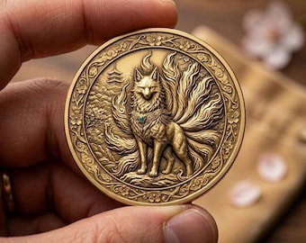 Kitsune Gold Coin, Nine Tailed Fox Art, Japanese Myth Medallion, Legendary Animal Token, Fantasy Coin Collectible