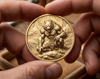 Armored Werewolf Gold Coin, Moonlit Beast Medallion, Legendary Lycan Token, Animal Collectible Coin, Fantasy Coin Art