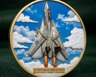 Custom F-14 Tomcat Challenge Coin, Personalized Navy Jet Fighter Aircraft 3D Gold Coin, Military Veteran Pilot Retirement Birthday Gift