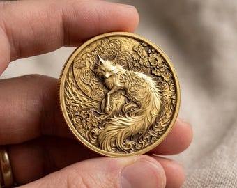 Sleeping Fox Gold Coin, Nine Tailed Fox Art, Mythical Beast Medallion, Legendary Animal Token, Fantasy Art Coin