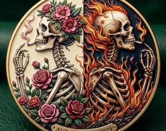 Custom Skull Coin, Skeleton Lovers Challenge Coin, Roses and Fire Metal Token, Gothic Couple Gift, Aurora Vale Pocket Piece EDC Gear