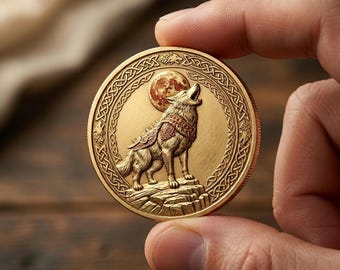 Celtic Wolf Gold Coin, Red Moon Medallion, Howling Wolf Art Token, Legendary Animal Coin, Fantasy Collectible