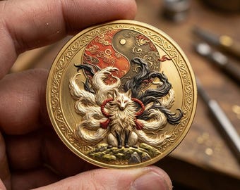 Moneda conmemorativa del zorro de nueve colas Kitsune, medalla de oro de la mitología japonesa, regalo de fantasía Yin Yang, arte de animales espirituales antiguos, artículo coleccionable EDC para juegos de rol.