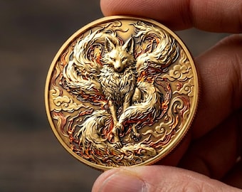 Fire Fox Gold Coin, Nine Tailed Fox Art, Mythical Beast Medallion, Legendary Animal Token, Fantasy Art Coin