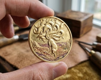 Nine Tail Fox Gold Coin, Japanese Myth Medallion, Kitsune Art Token, Legendary Animal Coin, Fantasy Collectible