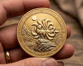 Mountain Fox Gold Coin, Nine Tailed Fox Art, Mythical Beast Medallion, Legendary Animal Token, Fantasy Art Coin
