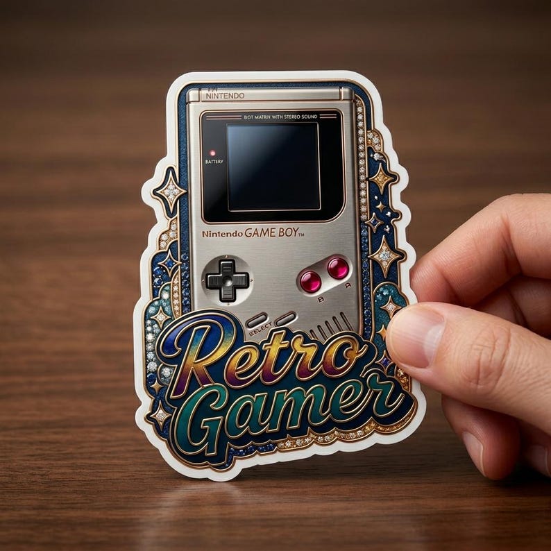 Puede incluir: Una pegatina troquelada que muestra una consola port&aacute;til Nintendo Game Boy plateada con pantalla negra, una cruceta de control y dos botones rojos. El texto Retro Gamer aparece en una fuente estilizada debajo, rodeado de adornos azules y dorados.