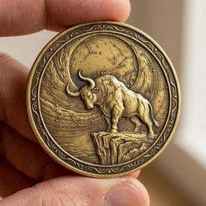 May include: A bronze-colored coin featuring a detailed relief of a bull standing on a cliff, set against a backdrop of a crescent moon and stars. The coin has an ornate border and is held by a hand.