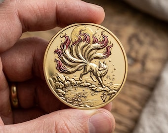Nine Tail Fox Gold Coin, Japanese Myth Medallion, Kitsune Art Token, Legendary Animal Coin, Fantasy Collectible