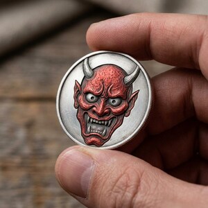 May include: A circular silver-toned metal coin featuring a raised, detailed relief of a red-colored Japanese Hannya mask. The mask displays prominent horns, wide eyes, and sharp teeth, set against a smooth, brushed silver background on the coin face.