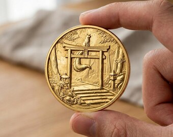 Torii Gate Gold Coin, Fox Shrine Art Token, Japanese Myth Medallion, Legendary Animal Coin, Fantasy Collectible