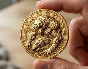 Werewolf Gold Coin, Mythical Beast Medallion, Lycan Art Token, Legendary Animal Coin, Fantasy Collectible