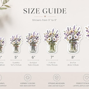 Puede incluir: Una gu&iacute;a de tallas para pegatinas con un arreglo floral de lavanda y margaritas en un frasco de vidrio. La tabla muestra siete tama&ntilde;os de pegatinas que van de 3 a 9 pulgadas, con las dimensiones imperiales y m&eacute;tricas indicadas debajo.