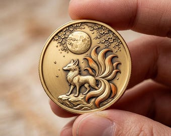 Moonlight Fox Gold Coin, Nine Tailed Fox Art, Cherry Blossom Medallion, Legendary Animal Token, Fantasy Coin Collectible