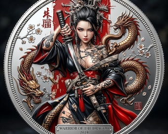Warrior of the Dragon Coin, Samurai Female Collectible, Japanese Dragon Medal, Fantasy Art Token, Custom Warrior Gift, Anime Style Keepsake