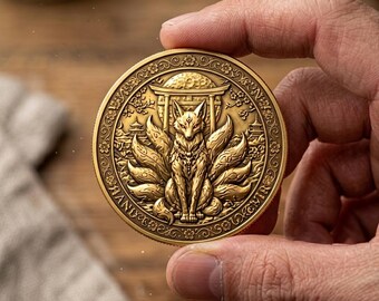 Torii Fox Gold Coin, Nine Tailed Fox Art, Japanese Myth Medallion, Legendary Animal Token, Fantasy Coin Art