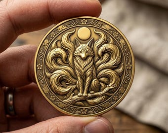 Nine-Tailed Fox Coin,Kitsune Token,Lunar Fox Medal,Mythical Animal Gift,Gold Embossed Coin,Fantasy Creature Art,Japanese Folklore Souvenir