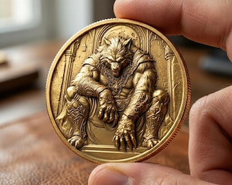 Armored Werewolf Gold Coin, Moonlit Beast Medallion, Legendary Lycan Token, Animal Collectible Coin, Fantasy Coin Art