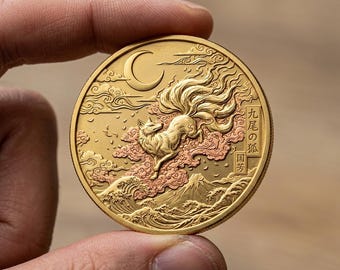 Japanese Fox Gold Coin, Nine Tailed Fox Art, Mt Fuji Medallion, Legendary Animal Token, Fantasy Coin Collectible