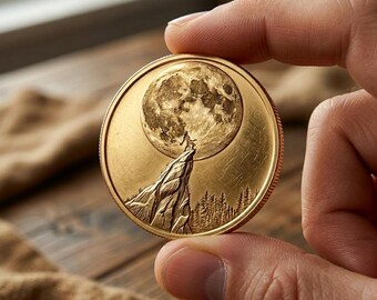 Cliff Howl Gold Coin, Giant Moon Medallion, Werewolf Art Token, Legendary Animal Coin, Fantasy Collectible