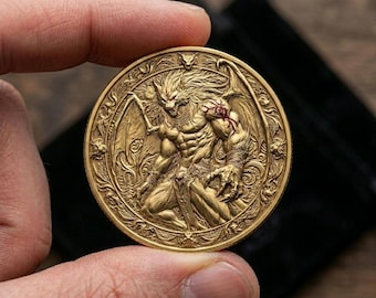 Gargoyle Wolf Gold Coin, Gothic Beast Medallion, Winged Monster Art Token, Legendary Animal Coin, Fantasy Collectible