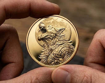 Moon Howl Wolf Gold Coin, Mythical Beast Medallion, Werewolf Art Token, Legendary Animal Coin, Fantasy Collectible