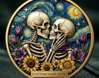 Moneda personalizada con calavera, moneda de esqueletos para amantes de la noche estrellada, ficha personalizada con nombre y fecha, regalo gótico de aniversario, pieza de bolsillo EDC con arte de Van Gogh