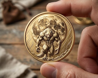 Full Moon Werewolf Gold Coin, Big Moon Beast Medallion, Lycan Art Token, Legendary Animal Coin, Fantasy Collectible
