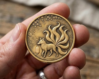 Lantern Fox Gold Coin, Nine Tailed Fox Art, Mythical Beast Medallion, Legendary Animal Token, Fantasy Art Coin