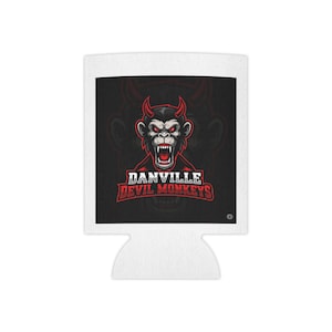 Puede incluir: Aislante de bebidas blanco con un gráfico rojo y negro de un mono diablo y el texto "DANVILLE DEVIL MONKEYS". El diseño presenta una cara de mono amenazante con cuernos y la boca abierta.