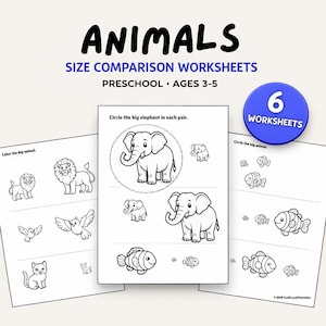 Hojas de trabajo sobre animales grandes y pequeños / Actividad de comparación de tamaños para preescolar / Imprimible de animales grandes y pequeños / PDF de aprendizaje para niños pequeños (6 páginas)