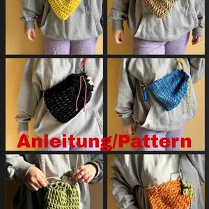 Könnte beinhalten: Eine Collage von sechs handgefertigten Häkeltaschen in verschiedenen Farben: Gelb, Braun, Schwarz, Blau, Grün und Orange. Jede Tasche wird quer über dem Körper getragen und hat einen Kordelzugverschluss und einen Metallclip. Die Taschen werden vor einem grauen Hoodie gezeigt.