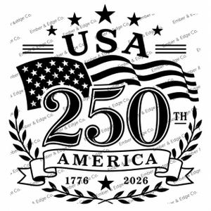 Op de afbeelding: Zwart-wit grafisch ontwerp ter viering van de 250e verjaardag van Amerika. Toont de Amerikaanse vlag, sterren, het nummer 250 en de jaren 1776 en 2026. Het woord "AMERICA" staat op een banner.