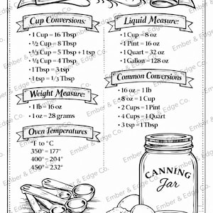 May include: Black and white kitchen measurements chart with cup, liquid, and weight conversions, plus oven temperatures. Includes a canning jar, measuring spoons, eggs, and flour.