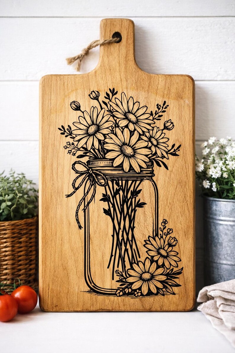Mason Jar Daisy SVG | Rustic Floral Farmhouse Laser Engraving File ...