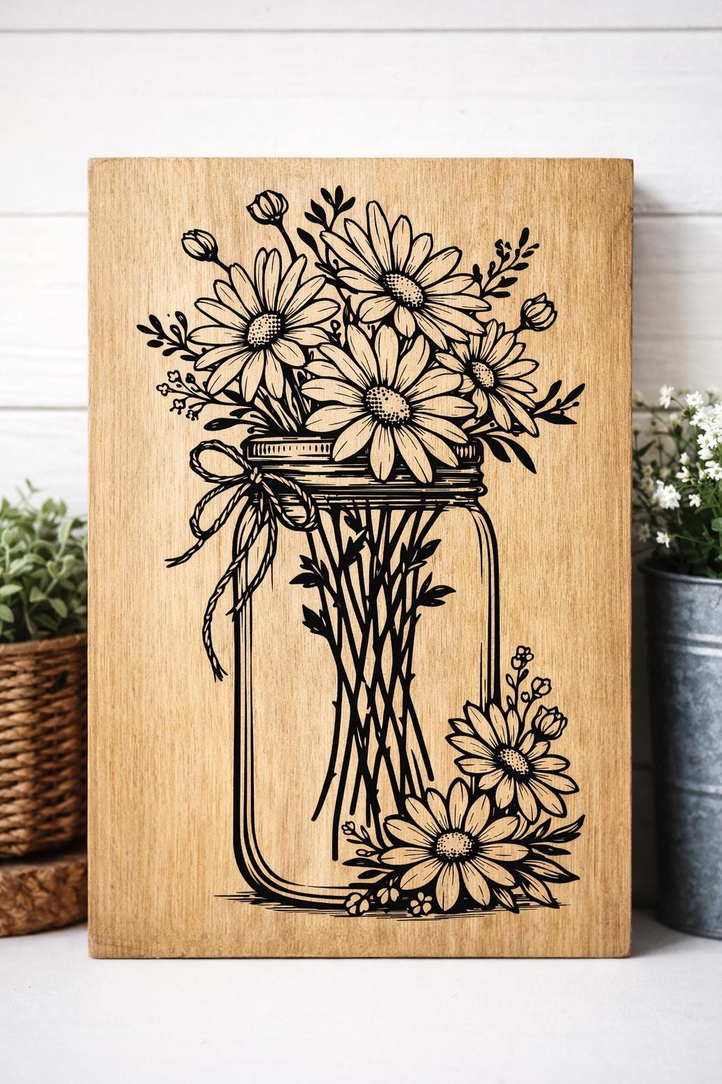Mason Jar Daisy SVG | Rustic Floral Farmhouse Laser Engraving File ...