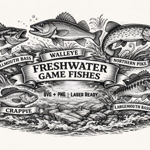 May include: Black and white illustration of freshwater game fishes, including smallmouth bass, walleye, northern pike, crappie, and largemouth bass. The text "FRESHWATER GAME FISHES" is displayed on a banner. The image also includes the text "SVG + PNG | LASER READY".