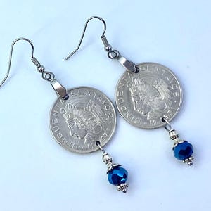 Dangling earrings with vintage Mexican 1971, 50 cent coin and blue glass beads