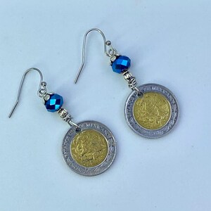 Dangling earrings with vintage Mexican 1 peso coin and blue glass beads