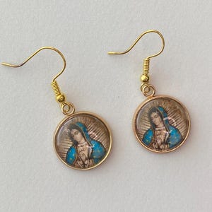 Virgen de Guadalupe earrings, religious earrings, Virgen earrings, gold tone stainless steel bezel,