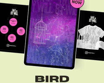 Bird with Cage Procreate Tattoo Flash Stamp | Stencil Ready Design (Instant Download)