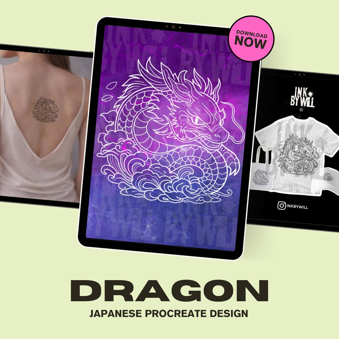 Japanese Dragon Procreate Tattoo Flash Stamp | Stencil Ready Design ...