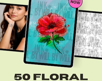 50 Floral Procreate Tattoo Flash Stamps | Stencil Ready Designs (Instant Download)