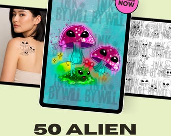 50 Alien Spaceship Procreate Tattoo Flash Stamps (Instant Download)