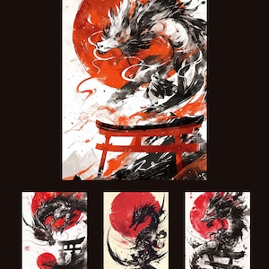 Crimson Dragon Japanese Sumi-e Ink Art Set of 4 | Torii Gate Dragon Wall Art | Dark Kawaii Printable | Japanese Folklore Digital Download