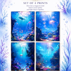 以下が含まれることがあります： 「Undersea Spirit Realms」と題された4枚のデジタルウォールアートプリントセット。クラゲ、サンゴ礁、魚の群れが描かれた鮮やかな水彩画風の水中シーンで、青、紫、ピンクの色調で構成されています。サイズは4000 x 6000ピクセルです。