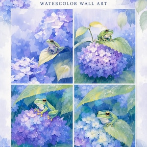 以下が含まれることがあります： Frog & Hydrangea Collectionと題された4枚の水彩画風ウォールアートのコレクション。各画像には、青と紫のアジサイの花と緑の葉の上に座る緑色のカエルが描かれています。テキストには、Frog & Hydrangea Collection, Watercolor Wall Art, 4 PNG Images, 4000x6000 px, 300 DPI, High Qualityと記載されています。